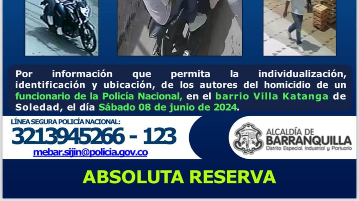 Cartel presentado por la Policía Metropolitana de Barranquilla en que aparecen los presuntos asesinos de un agente de la Sijín.