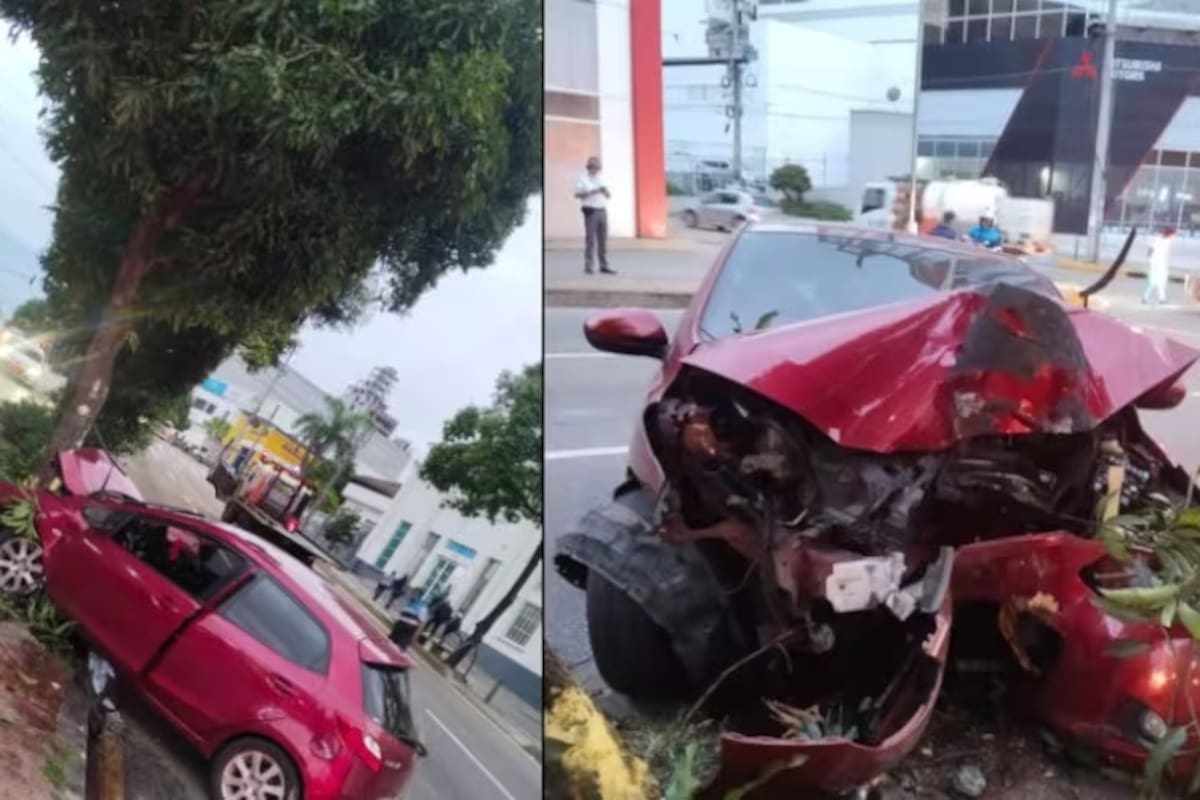 Conductor quedó aprisionado en su carro al chocar violentamente contra árbol