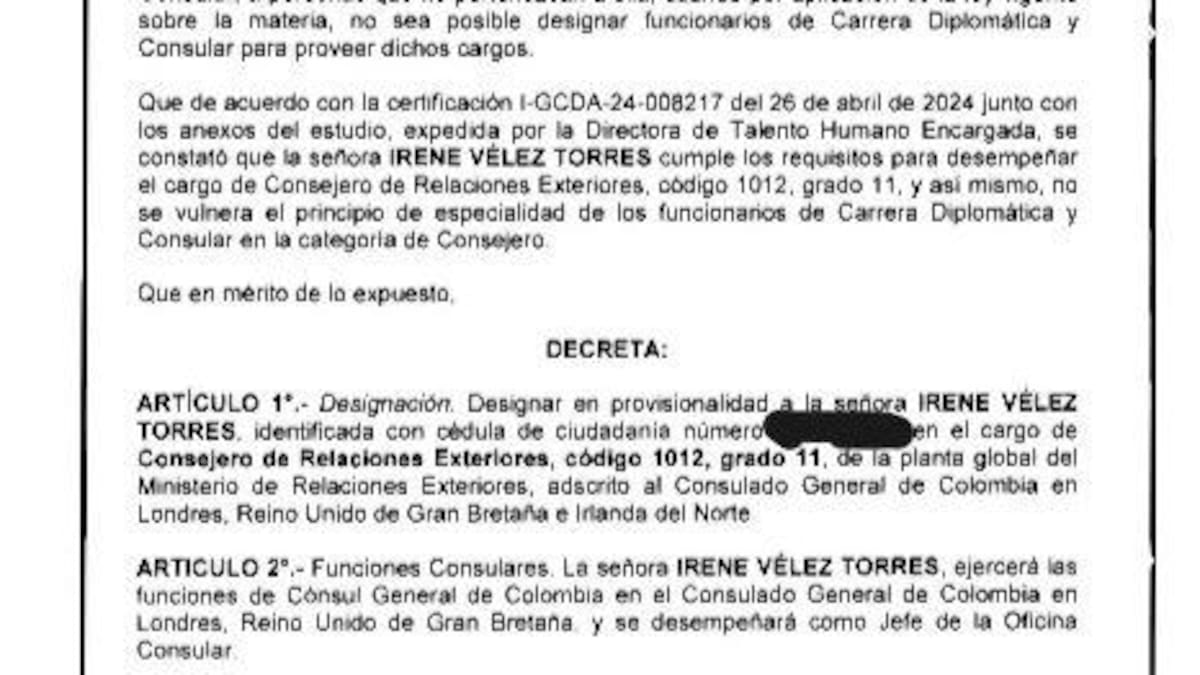 Decreto que oficializa el nombramiento de Irene Vélez. // X